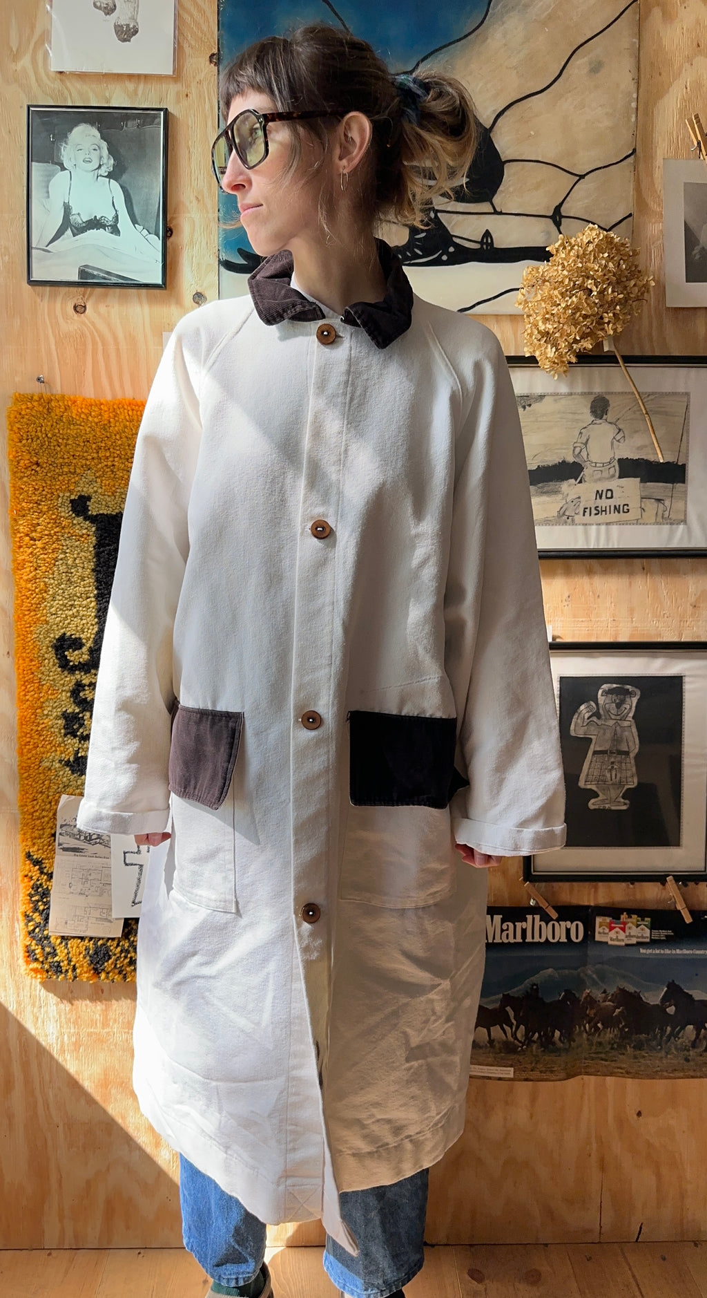 Vintage Handmade Canvas Duster And Bag With Wood Buttons