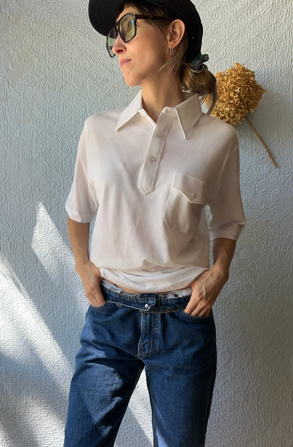 70's Thane Thin Pocket White Polo Shirt